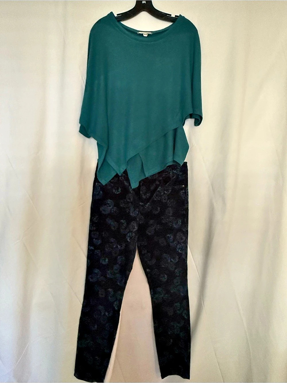 Anthropologie Bundle: Teal Floral Velvet Pants with Teal Asymmetrical Layered Sw